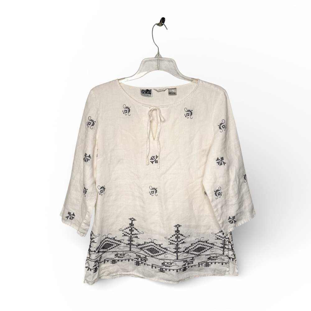 Edward Irish Linen Embroidered Off White Black Flowy Top Size M